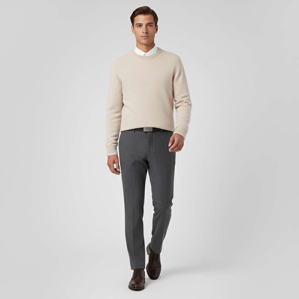 Mann trägt dunkelblauen Herren Strickpullover mit Rundhals, perfekt für Business Casual oder Freizeit.