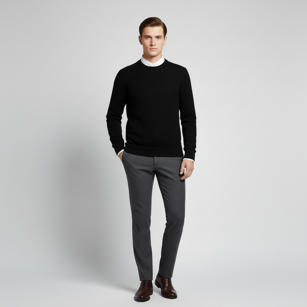 Profilansicht eines Mannes im grauen Rundhals Strickpullover, stilvolles Oberteil für Herrenmode.