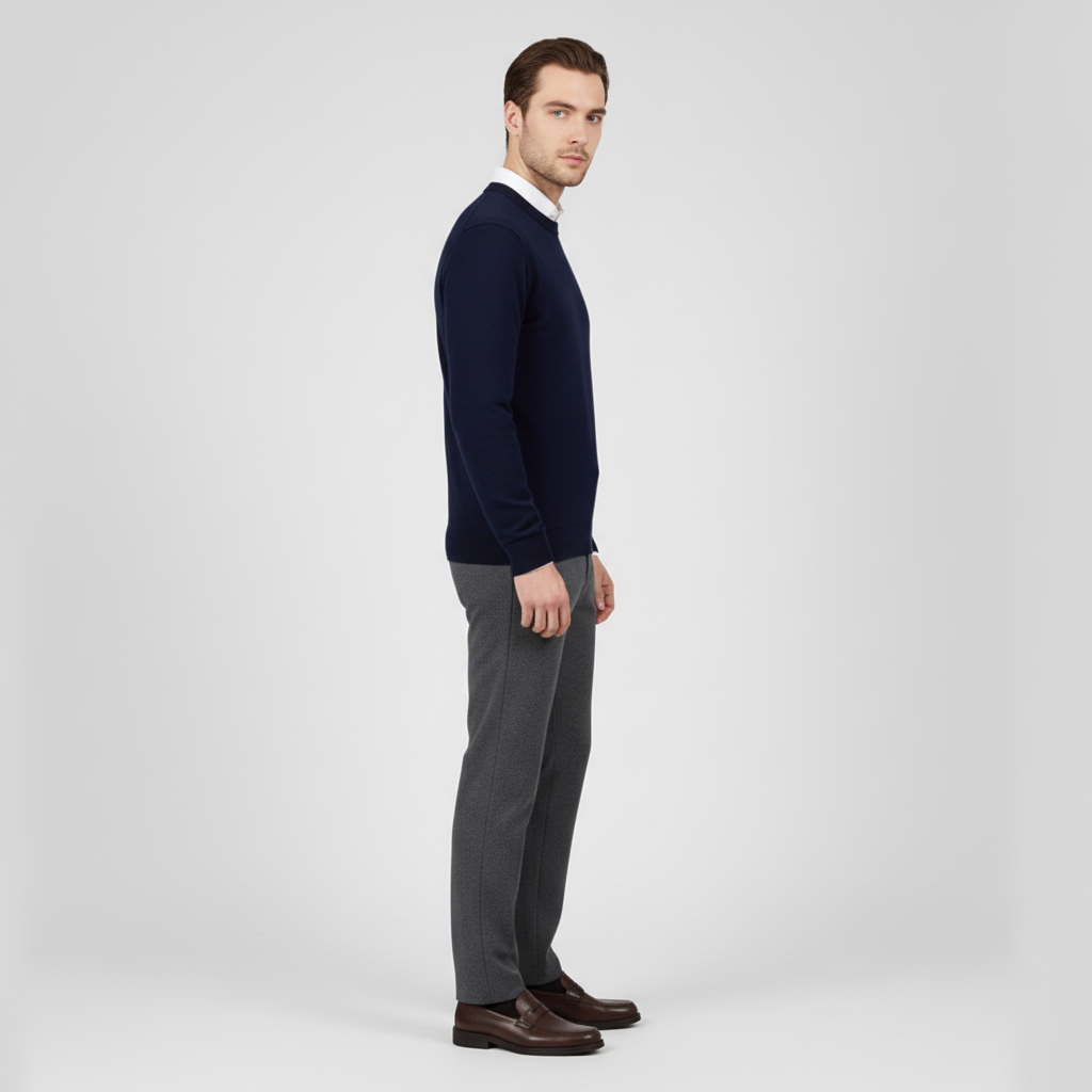 Mann spaziert in beigem Herren Rundhals-Pullover, ideal für gemütliche Herbst-Spaziergänge.
