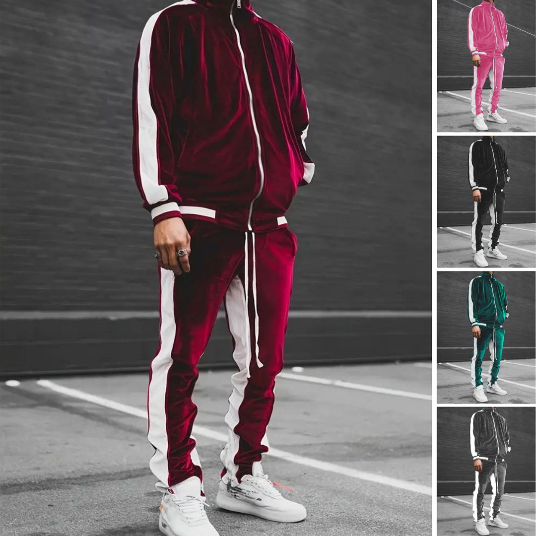 Moderner Herren Jogginganzug mit Reißverschluss, urbanem Design. Bequeme Sportbekleidung für Freizeit & Stil.