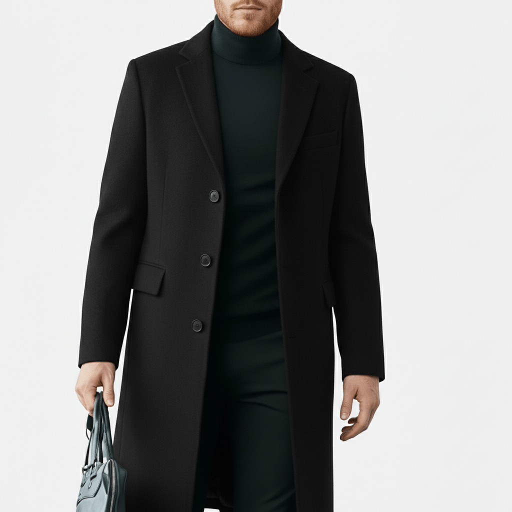 Klassisch-moderner Herrenmantel mit Knopfleiste. Langer Schnitt für stilvolle Eleganz.