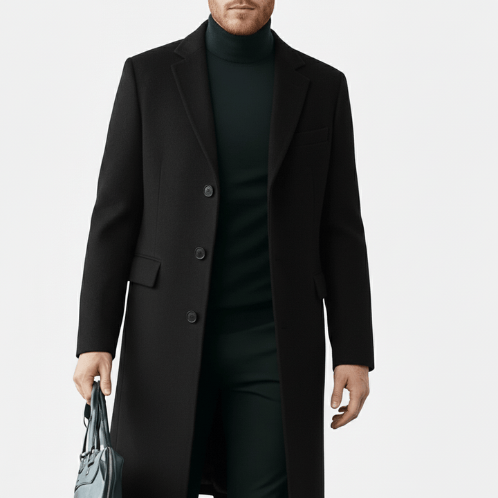 Klassisch-moderner Herrenmantel mit Knopfleiste. Langer Schnitt für stilvolle Eleganz.