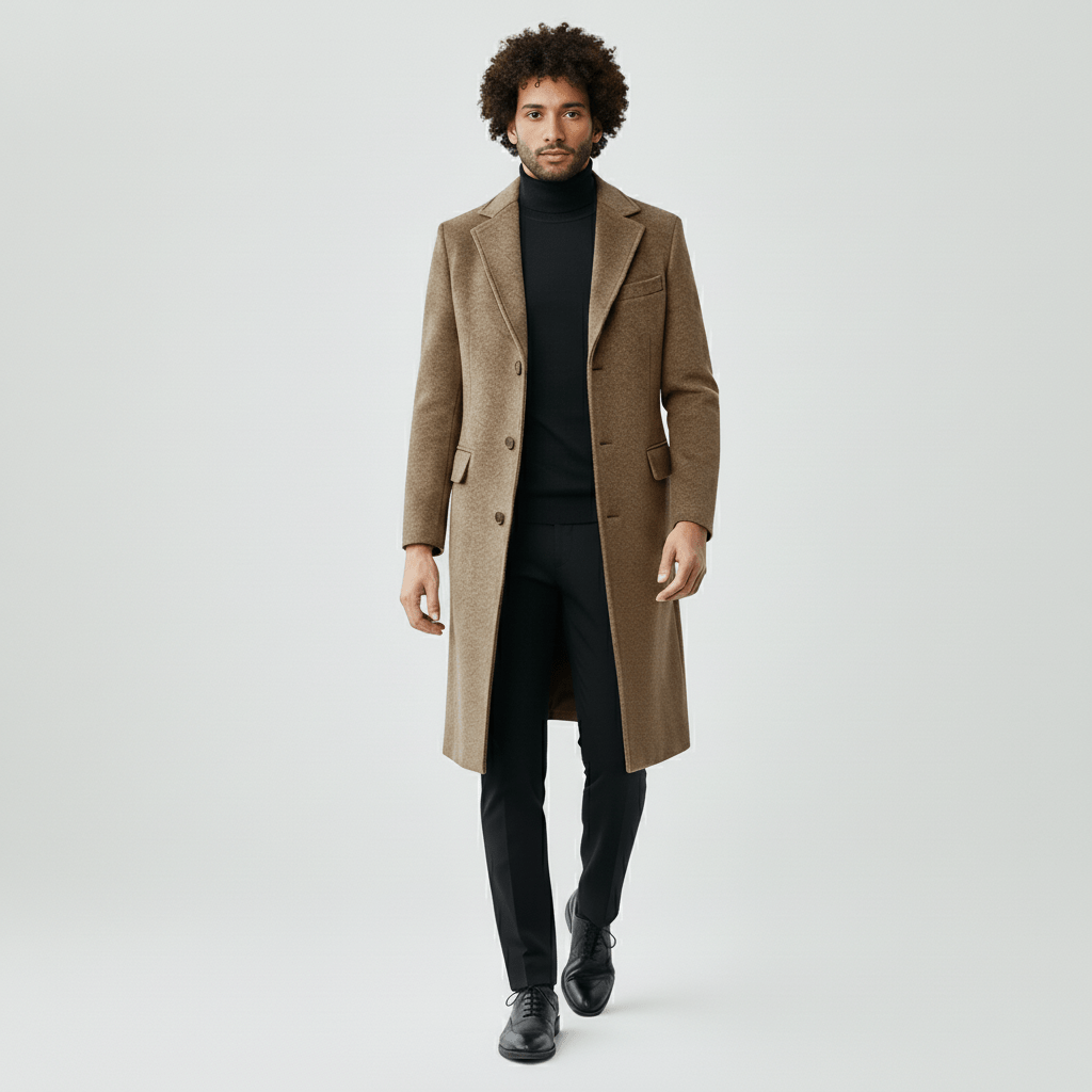 Moderner Herren-Langmantel mit präziser Knopfleiste. Ideal für Business & Freizeit.