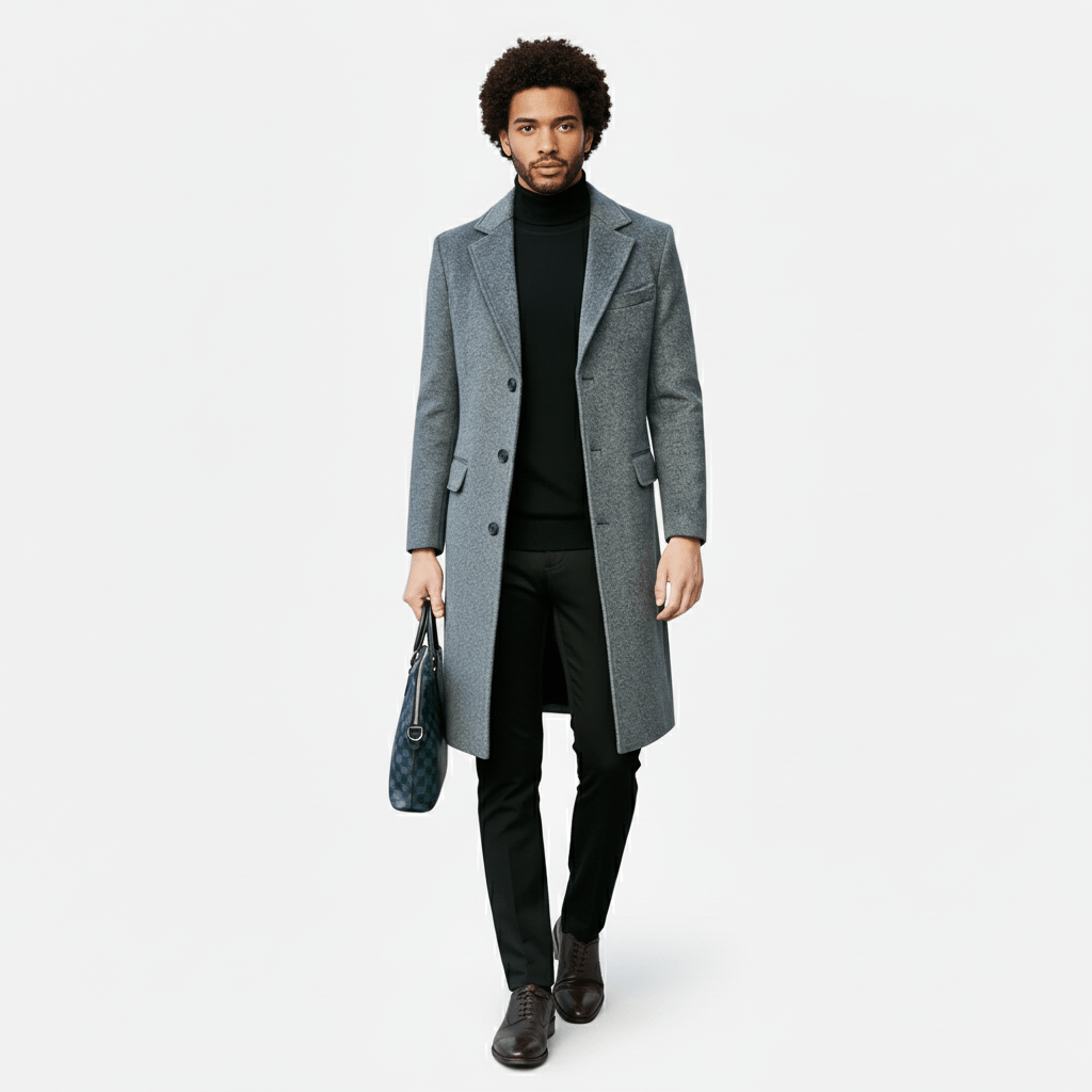 Rückenansicht des Herren-Langmantels. Eleganter Schnitt, klassisch & modern für jede Garderobe.