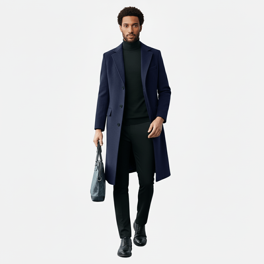 Vielseitiger Herren-Wintermantel mit Knopfleiste. Klassischer langer Schnitt für Business & Freizeit.