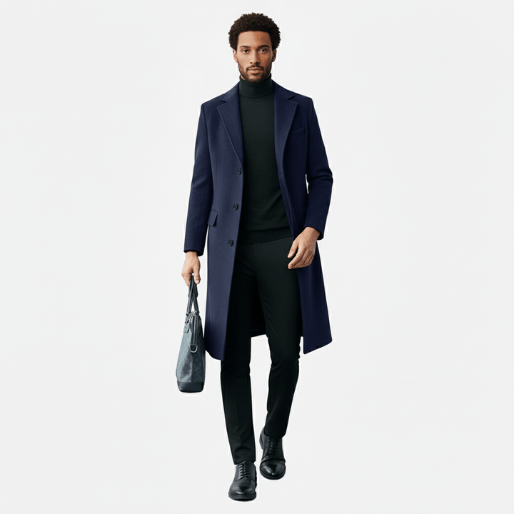 Vielseitiger Herren-Wintermantel mit Knopfleiste. Klassischer langer Schnitt für Business & Freizeit.