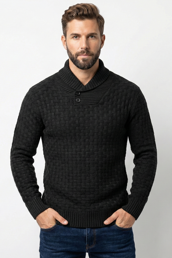 Eleganter Herrenpullover mit Schalkragen und Strukturmuster für stilvollen Komfort.