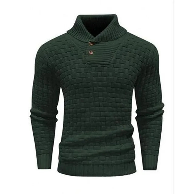 Mann im eleganten Herren Strickpullover mit Schalkragen, ideal für Business Casual Look.