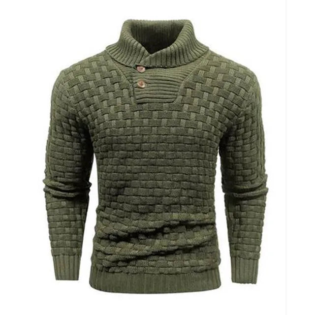 Hochwertiger Herrenpullover Stoff mit Schalkragen und detailreichem Strickmuster.