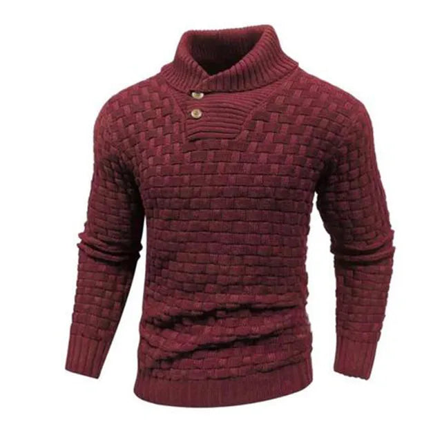 Eleganter Herrenpullover mit Schalkragen & Strukturmuster, kombiniert mit Jeans.