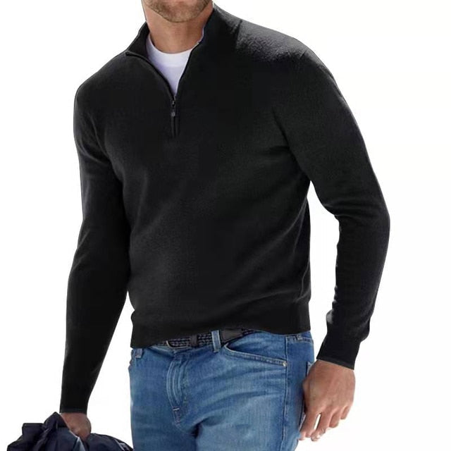 Hochwertiger Herren-Strickpullover mit V-Ausschnitt & Reißverschluss. Warmer Casual Pullover für Herrenmode im Winter.