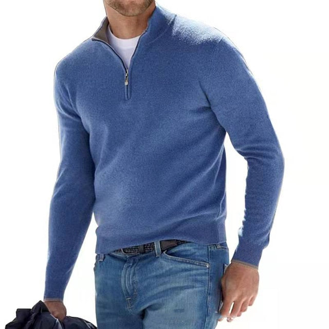 Bequemer Herrenpullover mit V-Ausschnitt und Zipper. Langärmliger Winterpullover, perfekt für elegante Freizeitbekleidung.