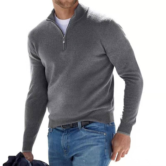 Stilvoller Herrenpullover, V-Ausschnitt mit Reißverschluss. Eleganter Strickpullover für vielseitige Herrenbekleidung.