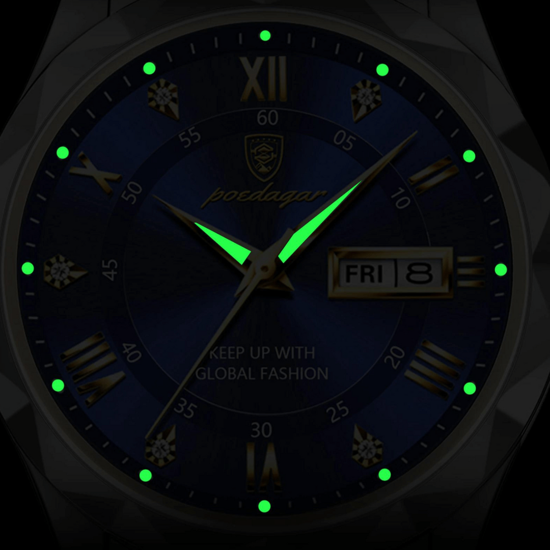 Moderner Mann trägt elegante Herrenuhr mit leuchtendem Zifferblatt. Stilvolles Accessoire für jeden Tag.