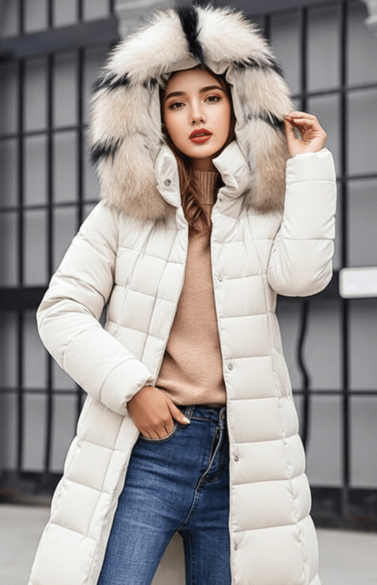 Eleganter langer Damen Steppmantel "Natalie" mit Kapuze; modischer Puffer Coat für kalte Wintertage.