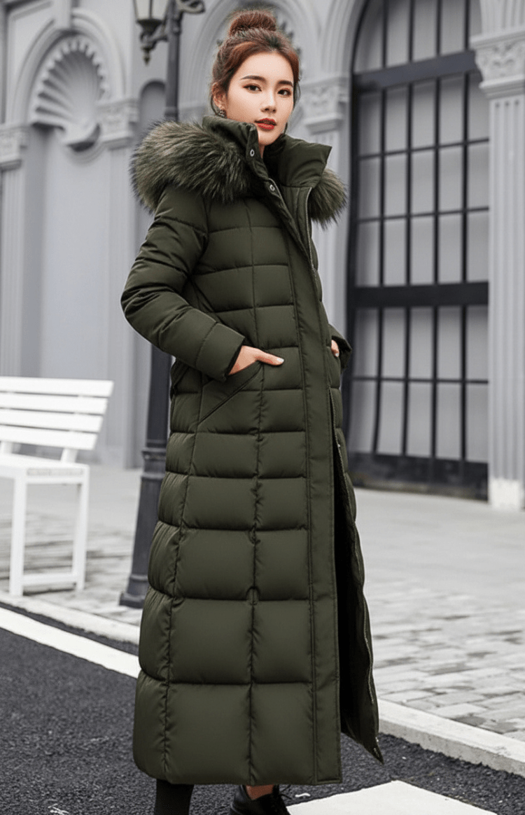 Hochwertiger langer Damen Puffer Coat "Natalie" mit Kapuze; bietet optimalen Kälteschutz im Winter.
