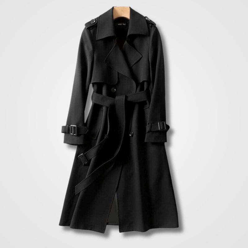 Rückenansicht eines eleganten langen Damen Trenchcoats mit Gürtel, klassischer Schnitt für anspruchsvolle Damenmode.
