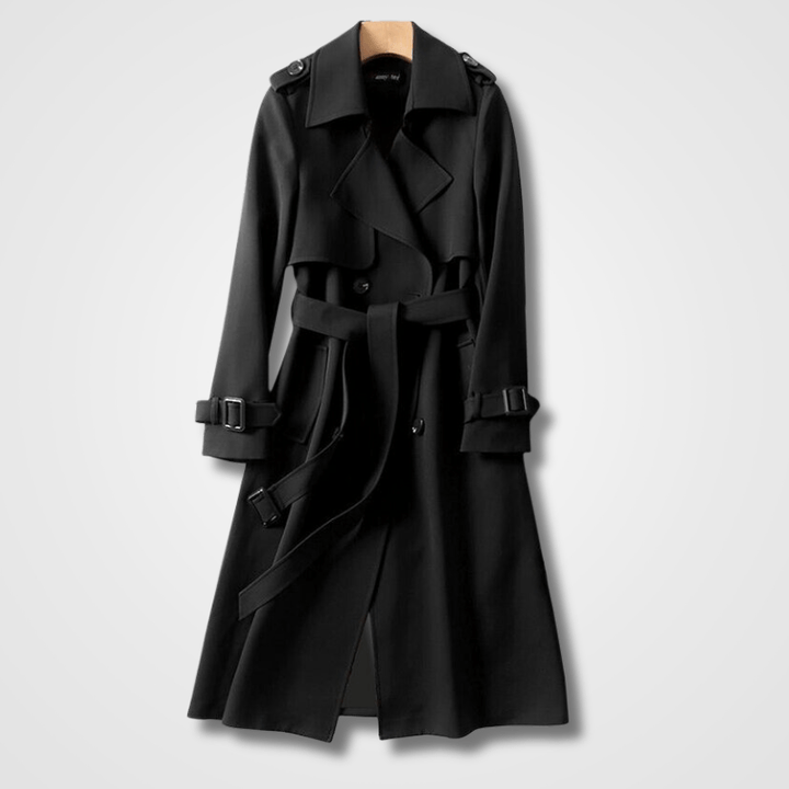Rückenansicht eines eleganten langen Damen Trenchcoats mit Gürtel, klassischer Schnitt für anspruchsvolle Damenmode.