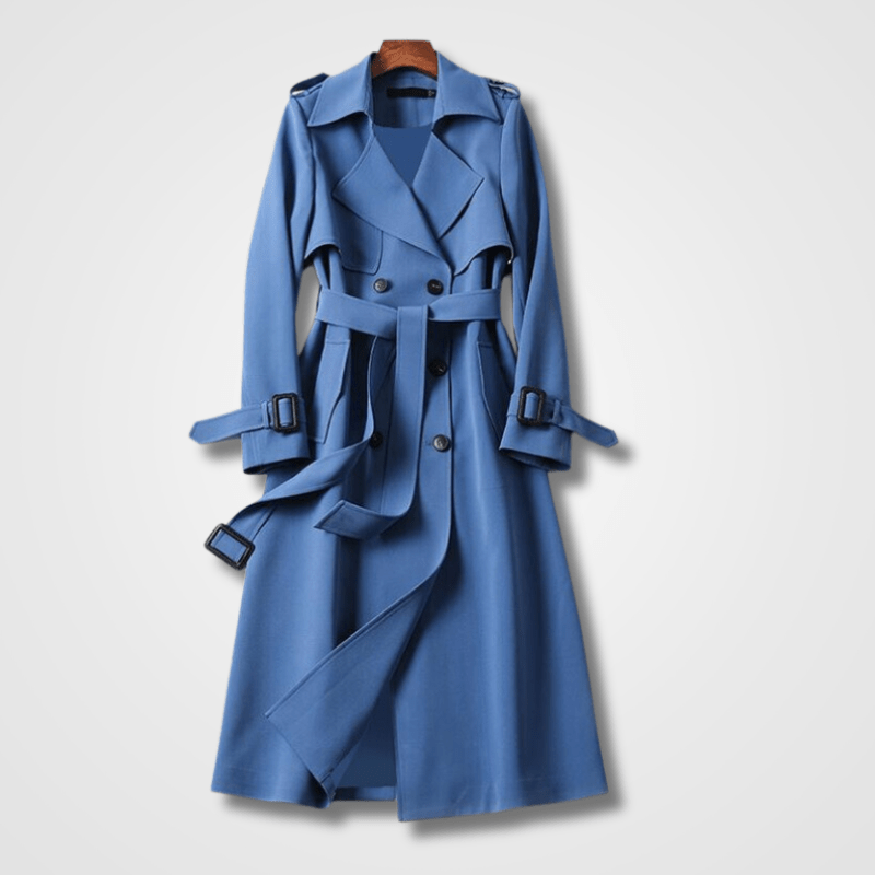 Stylisher Damen Trenchcoat mit Gürtel, kombiniert für einen eleganten Herbst-Look. Perfekter langer Übergangsmantel.