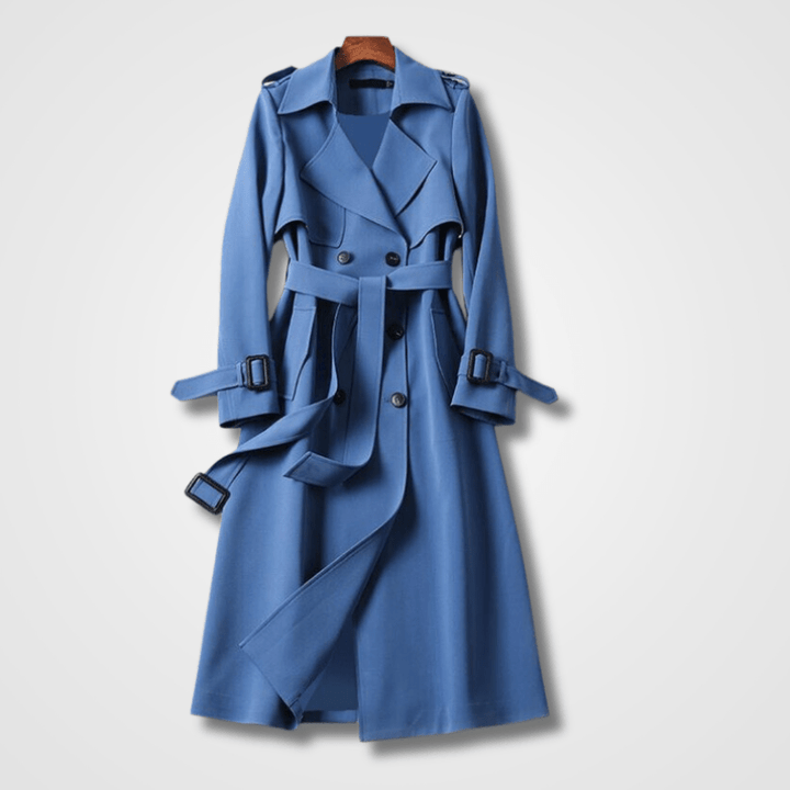 Stylisher Damen Trenchcoat mit Gürtel, kombiniert für einen eleganten Herbst-Look. Perfekter langer Übergangsmantel.