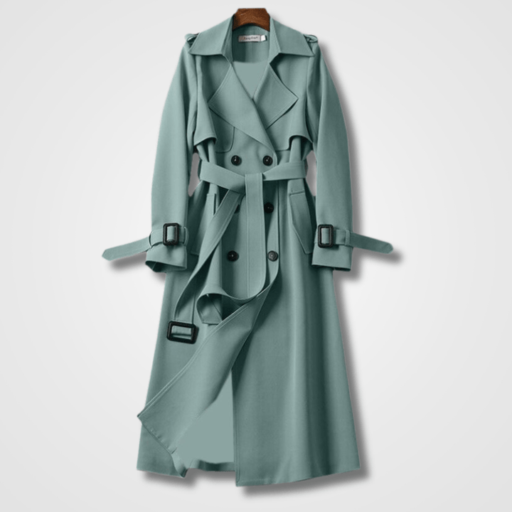 Hochwertiger langer Damen Trenchcoat mit Gürtel, idealer eleganter Übergangsmantel für Frühjahr und Herbst. Zeitlose Damenmode.