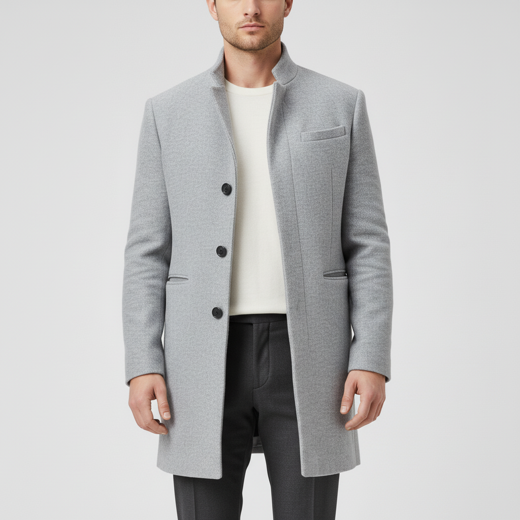 Innenfutter des hochwertigen Herren Business Mantels Michael, minimalistischer Eleganz-Stil in Grau.