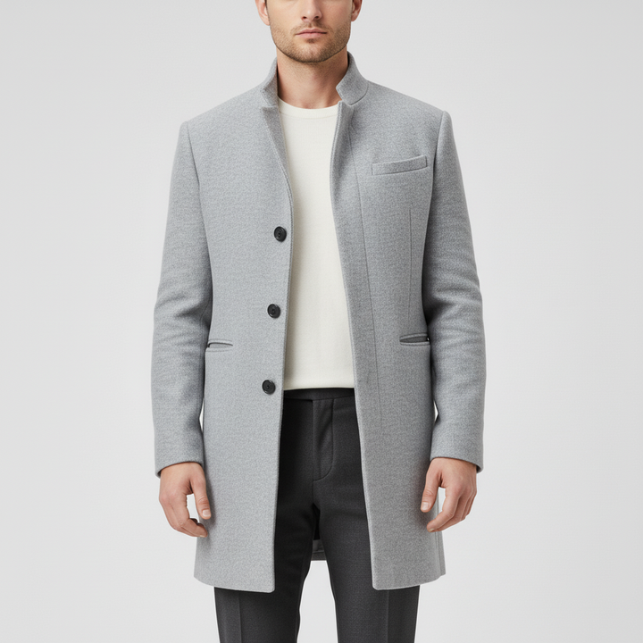 Innenfutter des hochwertigen Herren Business Mantels Michael, minimalistischer Eleganz-Stil in Grau.