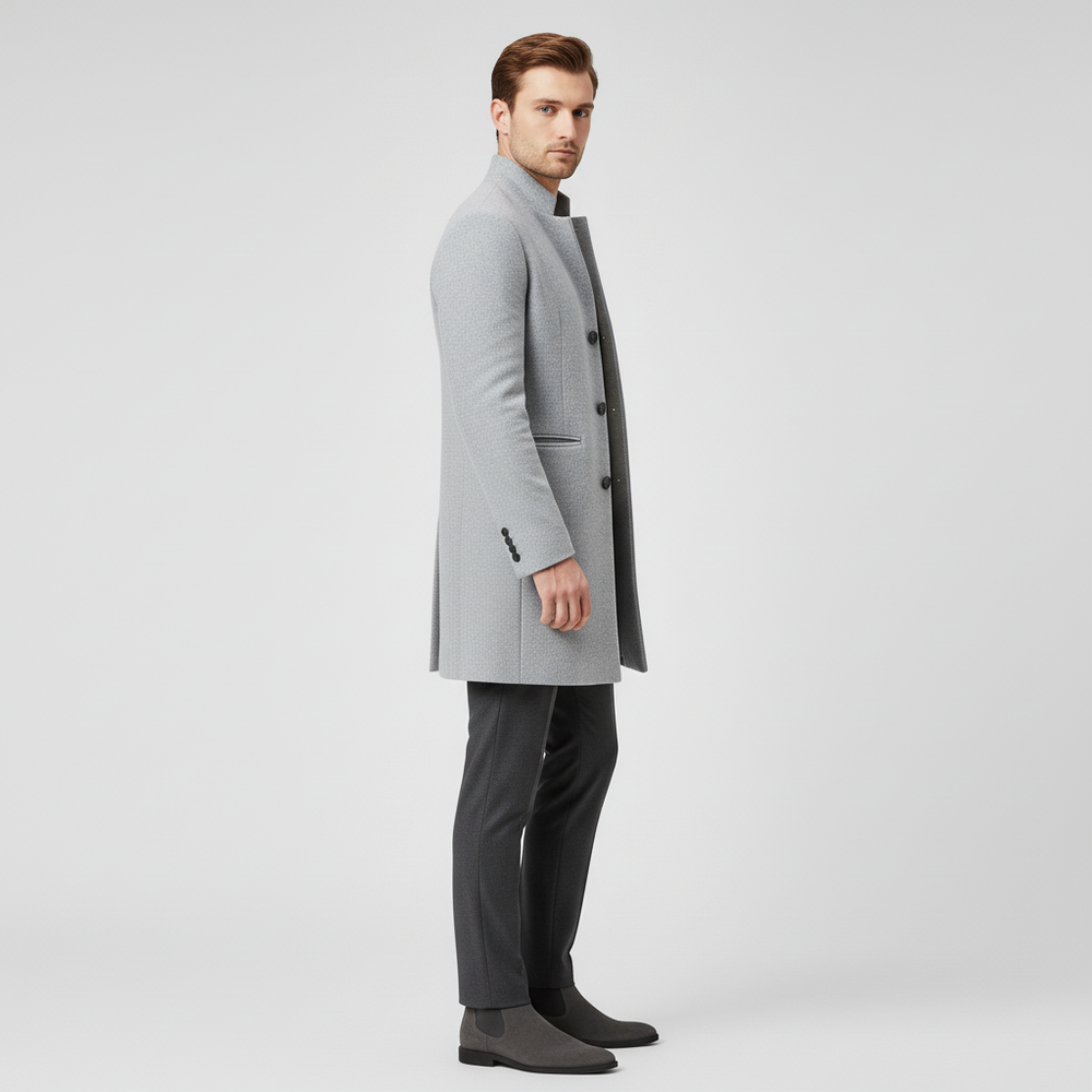 Langer schwarzer minimalistischer Herren Business Mantel Michael, perfekt für stilvolle Auftritte.