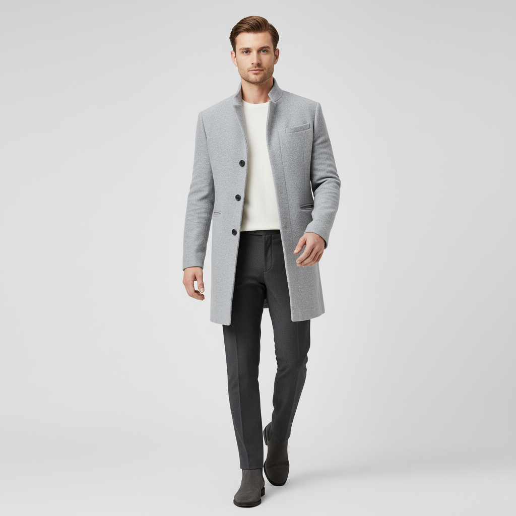 Detailansicht des eleganten Kragens am Herren Einreihiger Business Mantel Michael, minimalistisch.