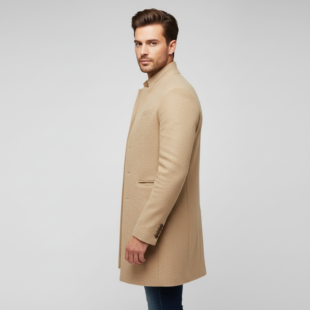 Hochwertige Knöpfe am minimalistischen Herren Einreihiger Mantel Michael, Teil der Business-Herrenmode.