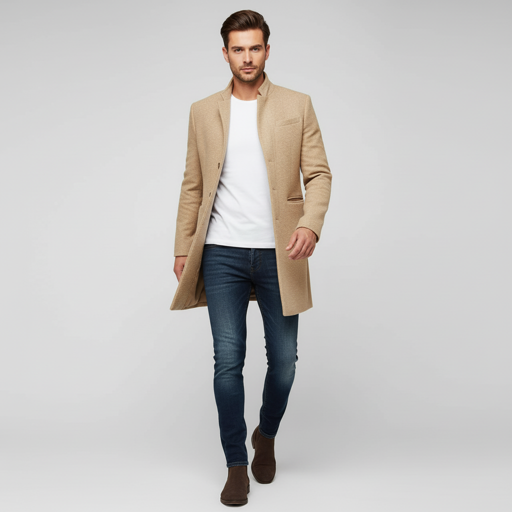 Seitliche Ansicht des eleganten Herren Business Mantels Michael, minimalistischer Einreihiger Stil.