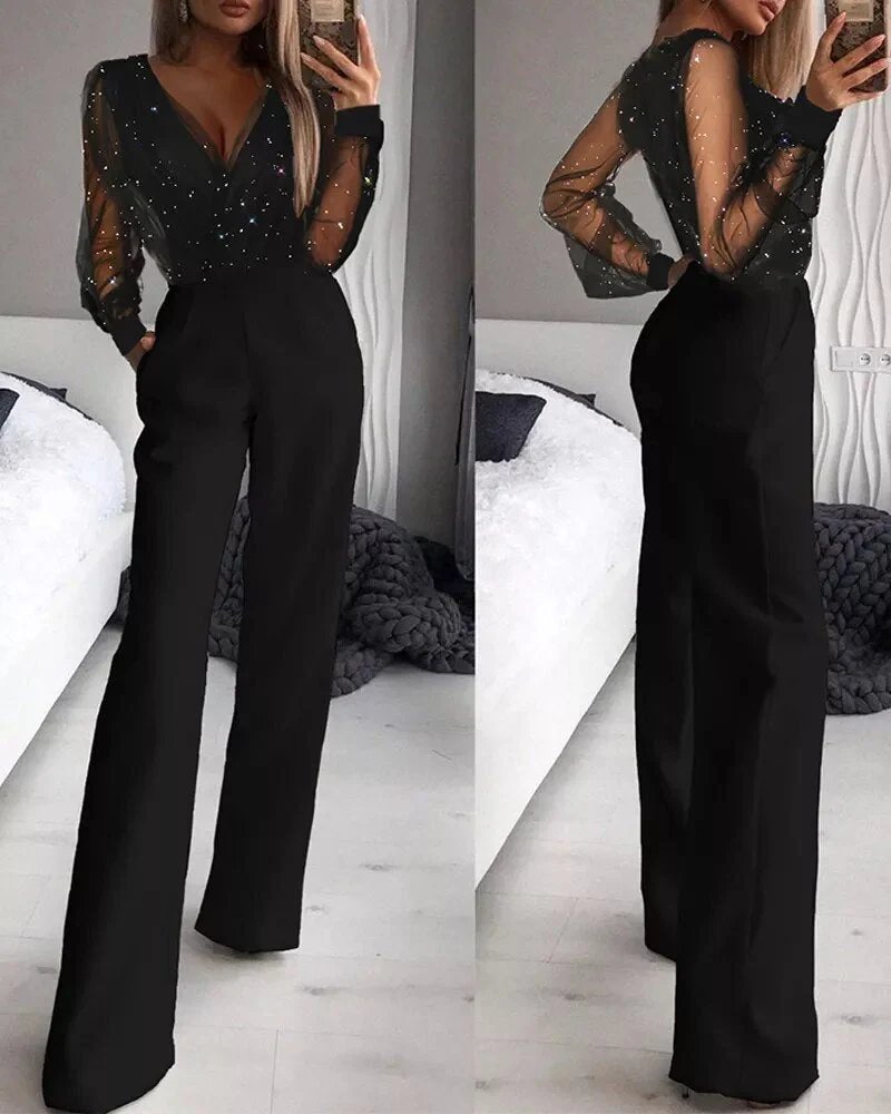 Eleganter schwarzer Damen Glitzer-Jumpsuit für festliche Anlässe und Party-Outfits.