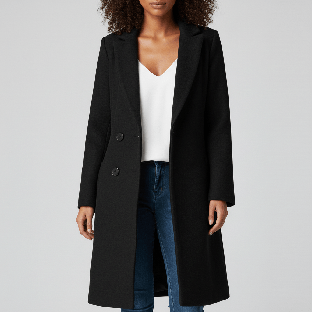 Ganzer taillierter Damen Longline Mantel "Kiara", betonter Schnitt, ideal als elegante Übergangsjacke.