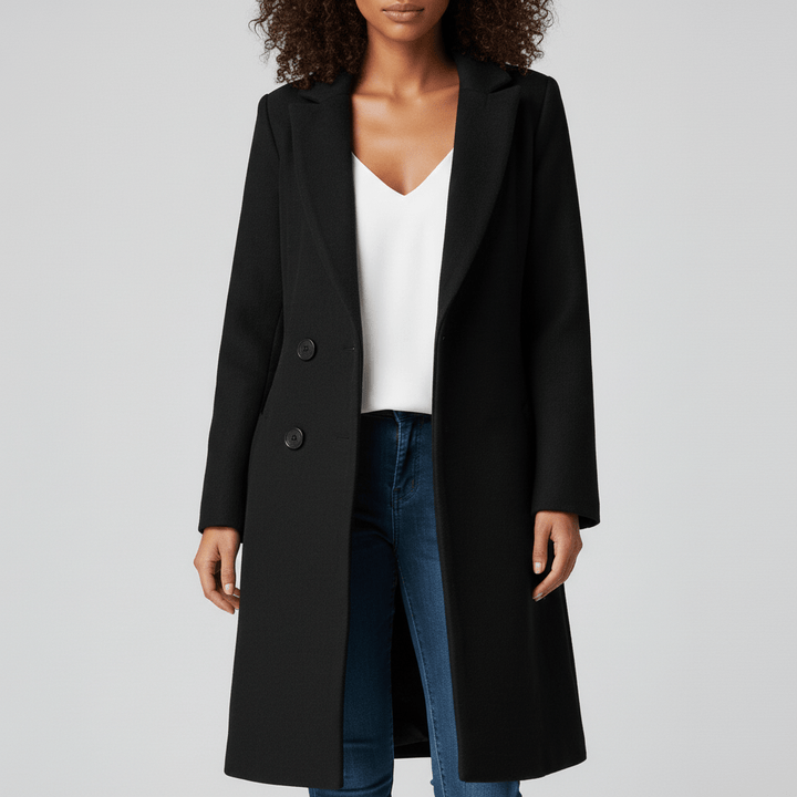 Ganzer taillierter Damen Longline Mantel "Kiara", betonter Schnitt, ideal als elegante Übergangsjacke.
