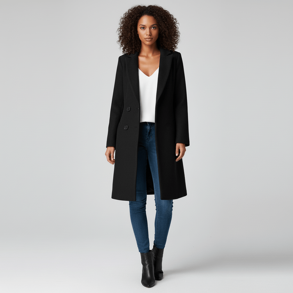 Model trägt eleganten taillierten Damen Longline Mantel "Kiara", klassischer Schnitt für stilvollen Look.