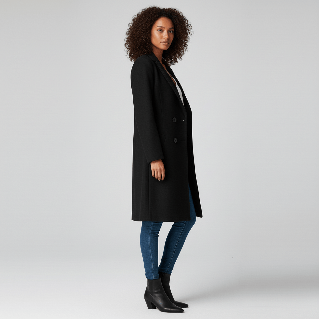 Rückenansicht des eleganten taillierten Damen Longline Mantels "Kiara", schmeichelhafter Schnitt.