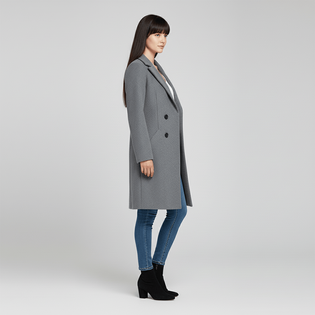 Vorderansicht des klassischen Damen Longline Mantels "Kiara" mit Knopfleiste & figurbetonter Taillierung.