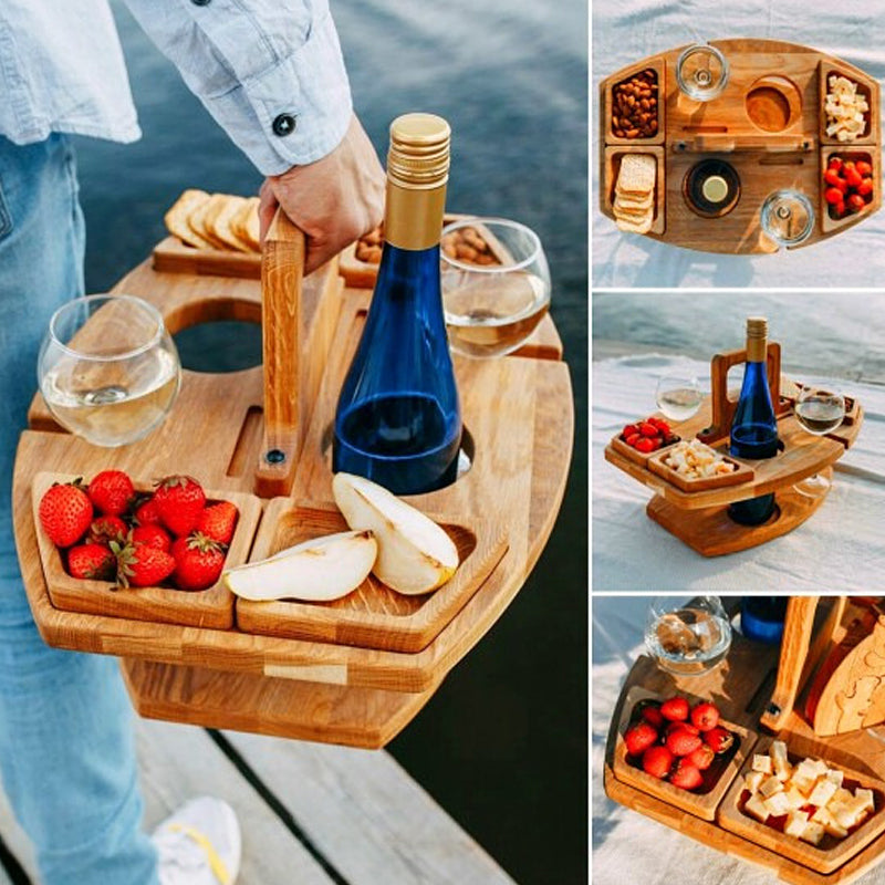 Stilvoller Picknick-Weintisch aus hellem Holz mit cleverem Design, ideal für gesellige Outdoor-Momente.