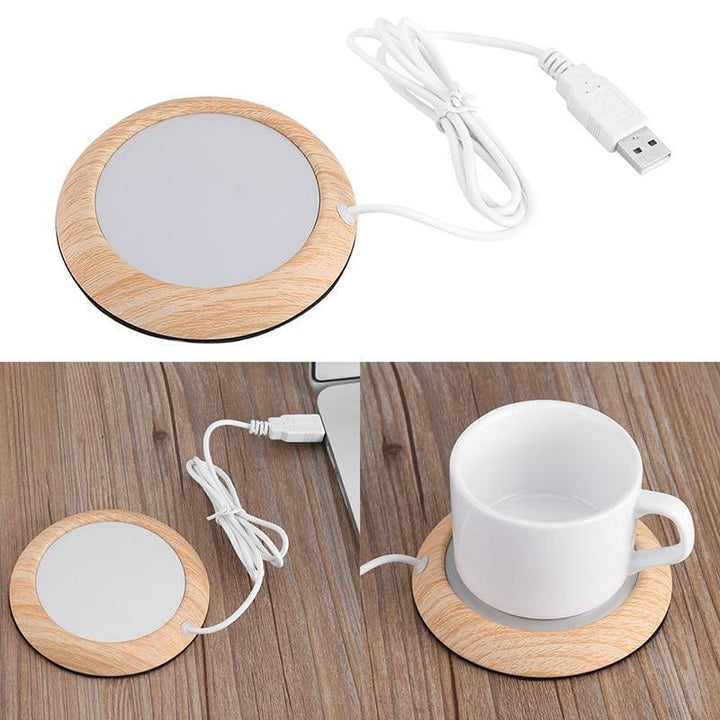 USB-Heißgetränke-Warmhalter in stilvoller Holzoptik. Ein praktisches Elektronik-Gadget für warme Getränke.