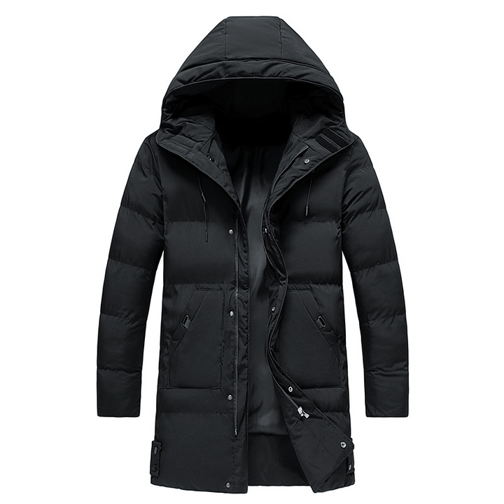 Vorderansicht des eleganten, wasserdichten Herren Parka mit Reißverschluss. Warme Winterjacke & Kälteschutz.