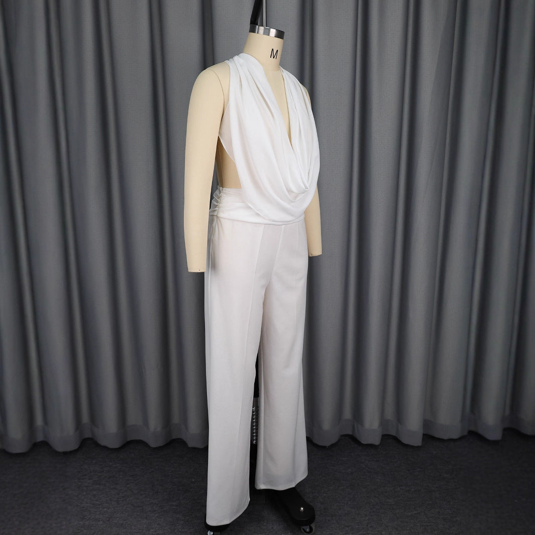 Stilvoller weißer Damen Jumpsuit, figurbetont, V-Ausschnitt, ideal für elegante Abendgarderobe & festliche Partys.