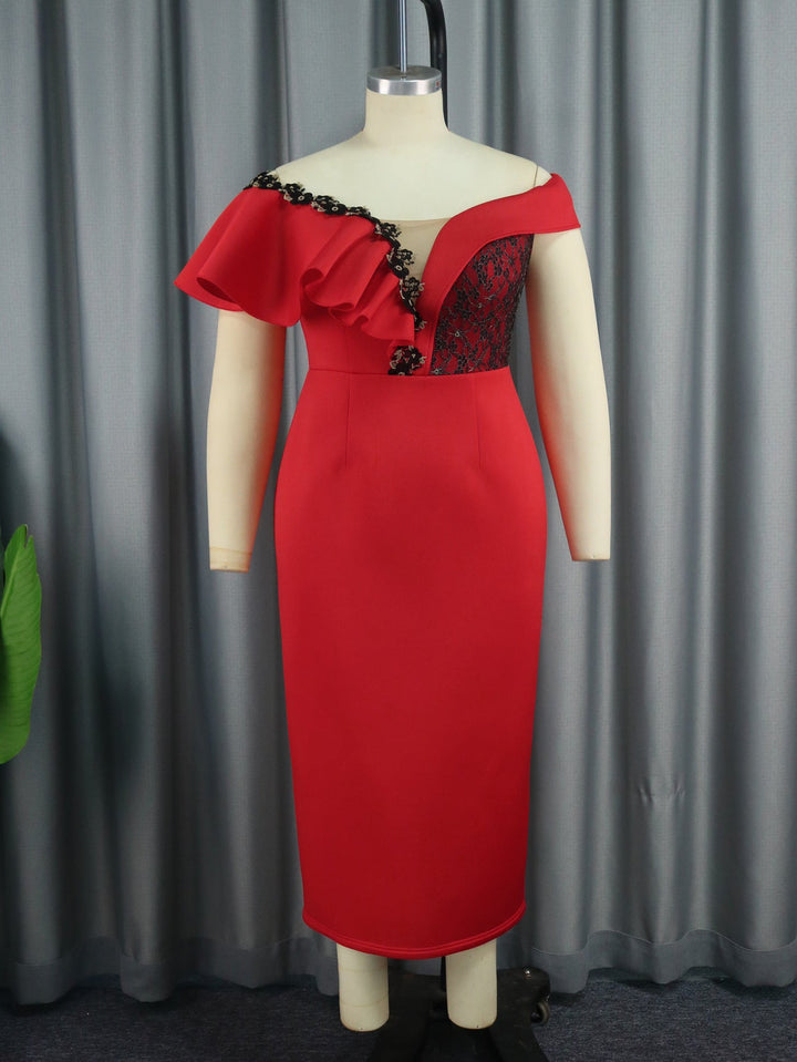 Rotes asymmetrisches Damenkleid mit Blumen, elegantes Design für Abende, Partys und besondere Anlässe.