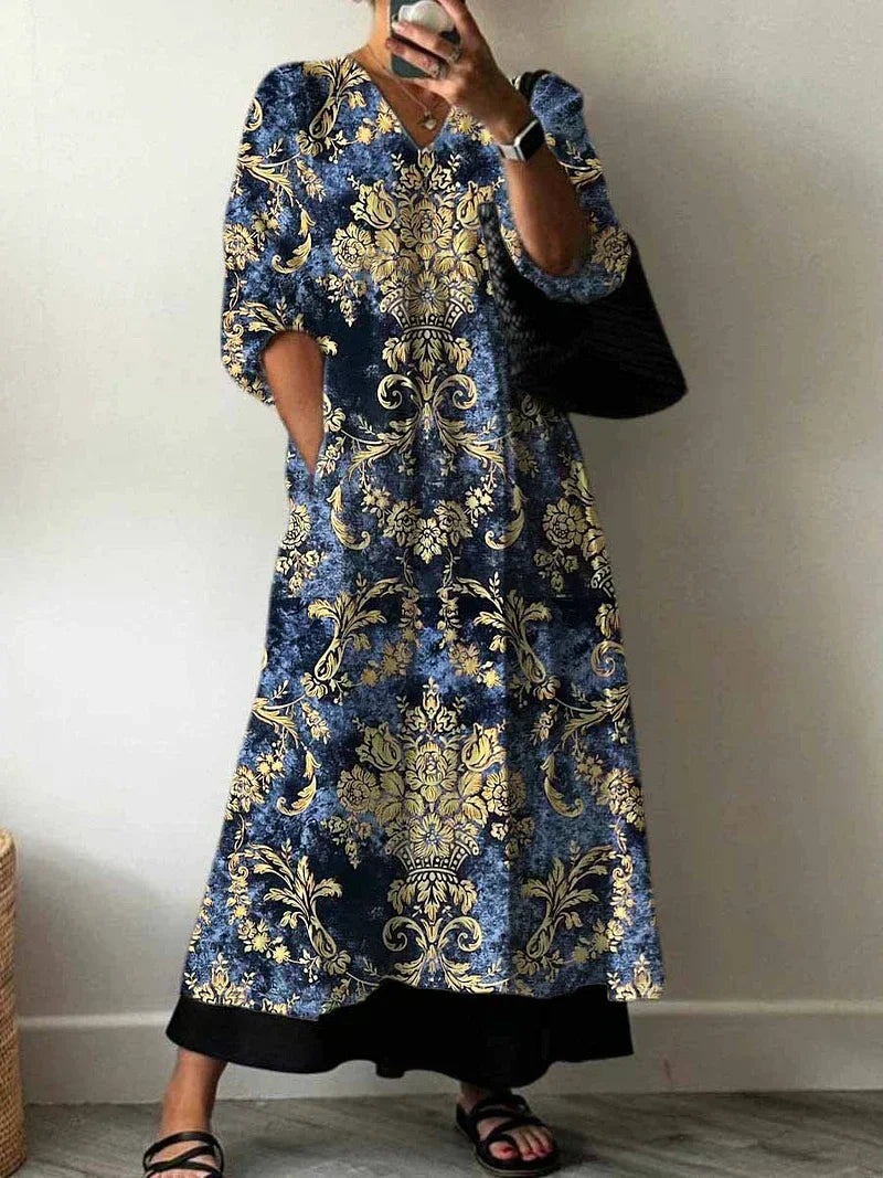 Elegantes bedrucktes Damen Maxikleid für den Sommer im Boho Chic Stil, perfekt als Freizeit- oder Strandkleid.