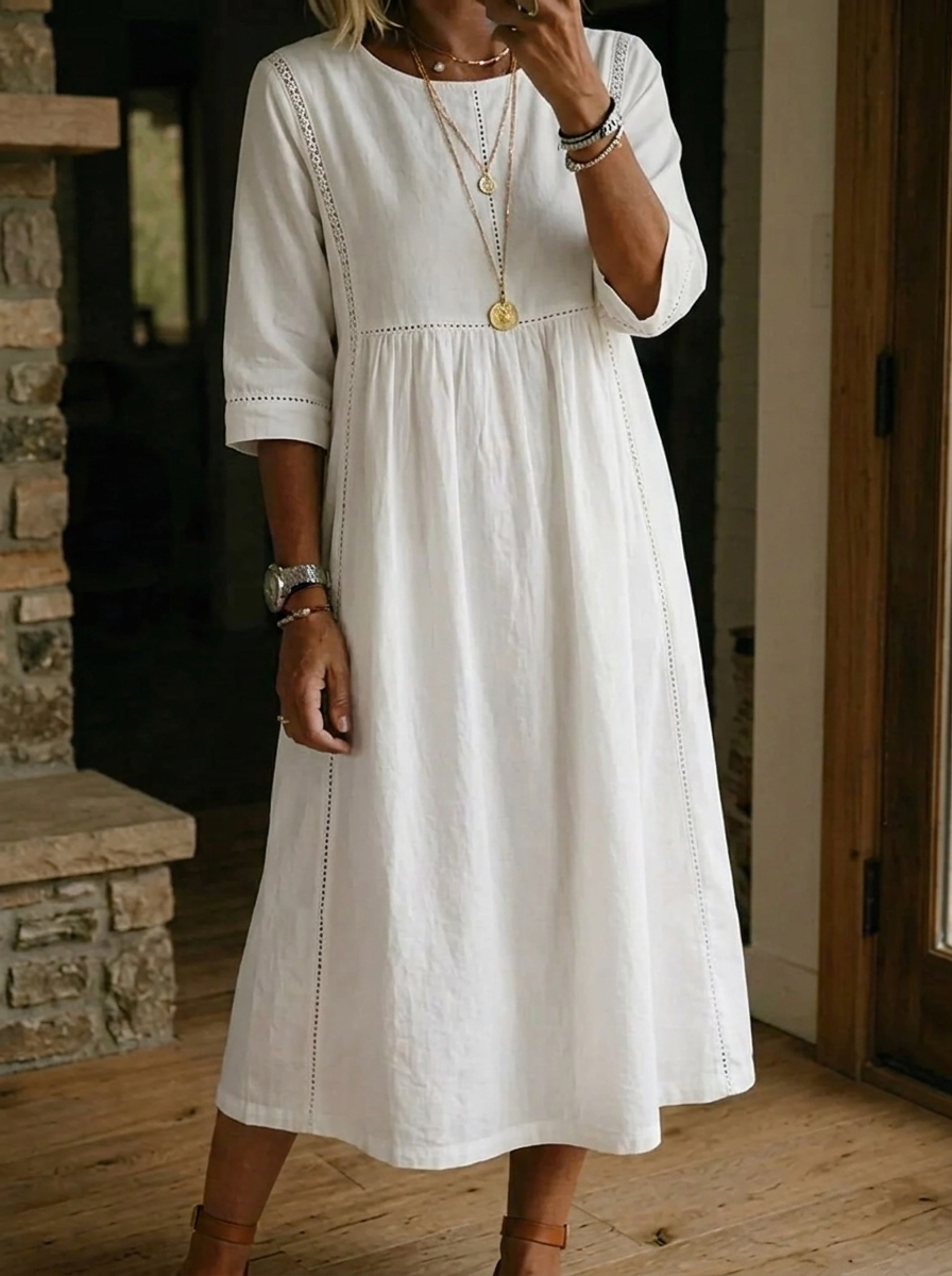 Langarm Rundhals Maxikleid für Damen, ideal als bequemes Herbst- oder Frühlingskleid mit Taschen.
