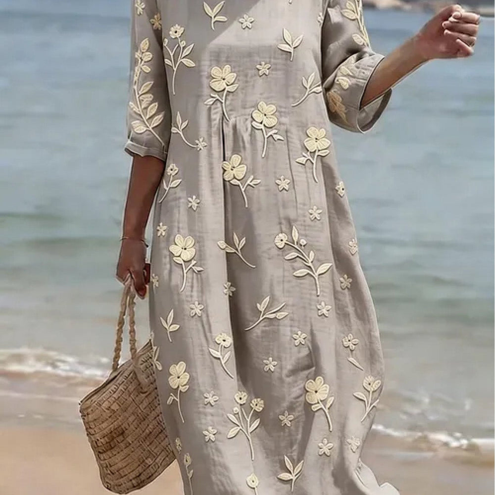 Modisches Damen Midikleid mit eleganter Stickerei, vielseitig als Tages- oder Sommerkleid tragbar.