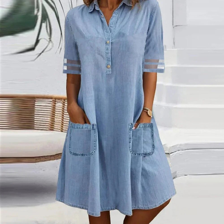 Elegantes blaues Damen Denim Minikleid mit praktischen Seitentaschen, perfekt für Sommer und Frühling.