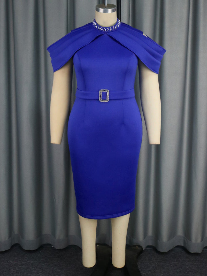 Exquisites blaues Maxikleid für Damen, mit funkelndem Glitzer-Dekolleté und Schößchen, ideal für besondere Anlässe.