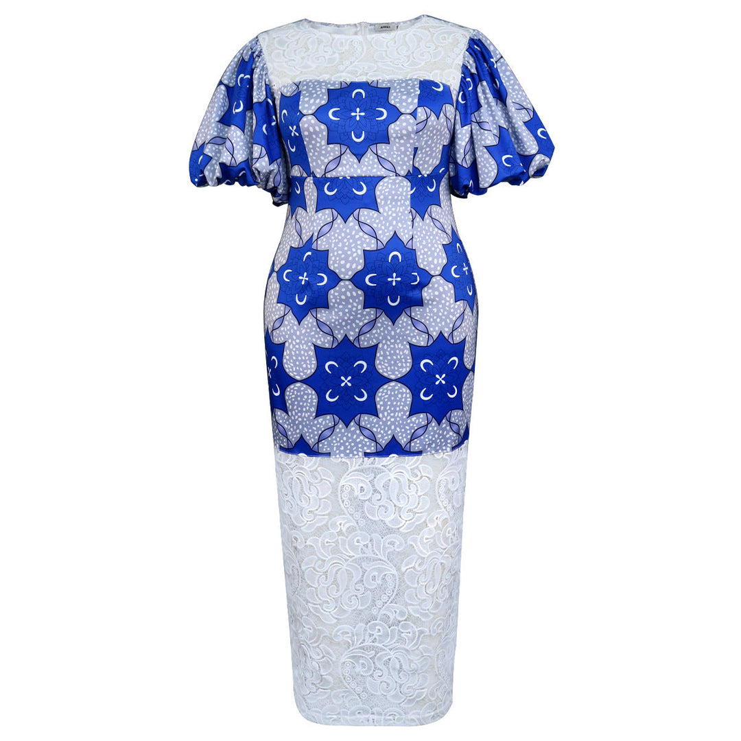 Festliches Damen-Langarmkleid in Blau mit Midi-Länge, blumigem Print und verspielten Puffärmeln.