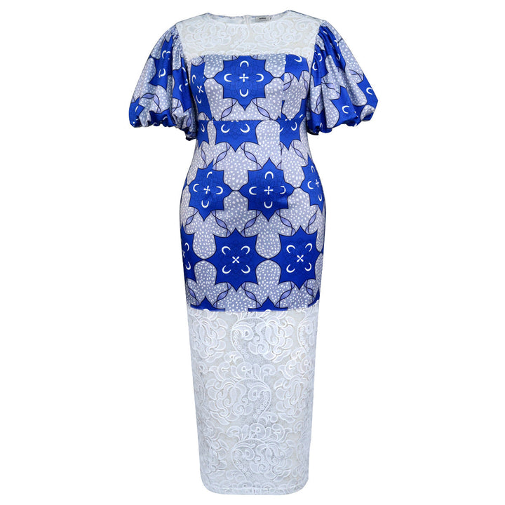 Festliches Damen-Langarmkleid in Blau mit Midi-Länge, blumigem Print und verspielten Puffärmeln.