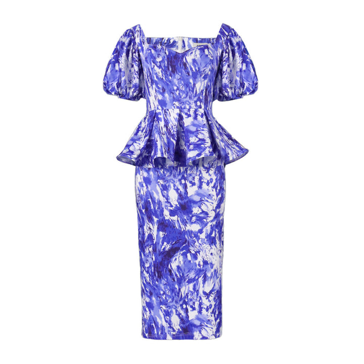 Stylisches blaues Damen Midikleid mit eleganten Puffärmeln, eng anliegender Taille und festlichem Charme.
